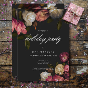 Dark Moody Burgundy & Cream Peonies Black Birthday Invitation