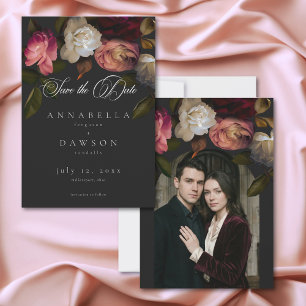 Dark Moody Burgundy Cream Peonies Black Photo Save The Date