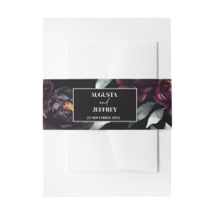 Dark moody burgundy flowers elegant simple invitation belly band