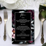 Dark moody burgundy flowers elegant wedding menu<br><div class="desc">Dark moody noir elegant gothic burgundy flowers all in one wedding template menu card,  black burgundy peonies on dark background wedding menu and a drink list on the back side,  or you can use it for anything else to write</div>