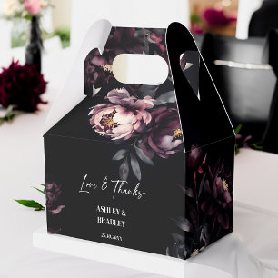 Dark moody burgundy flowers wedding favours favour box
