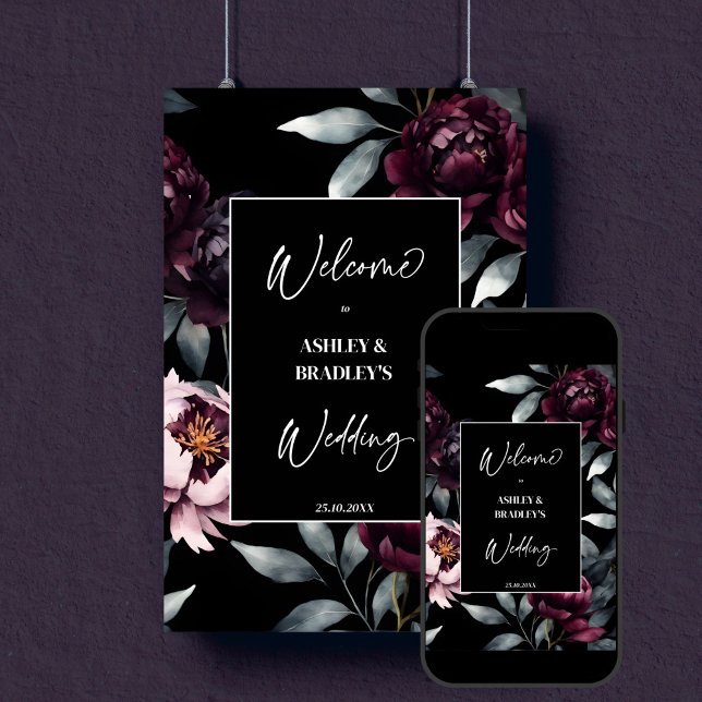 Dark moody burgundy flowers welcome sign (Dark moody burgundy peony flowers editable template welcome sign digital download black noir wedding)