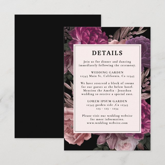 Dark Moody Burgundy & Maroon Floral Black Wedding Enclosure Card (Front/Back)