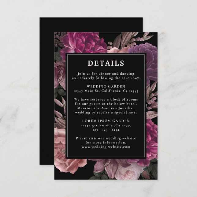 Dark Moody Burgundy & Maroon Floral Black Wedding Enclosure Card (Front/Back)