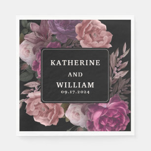 Dark moody burgundy maroon floral black wedding napkin
