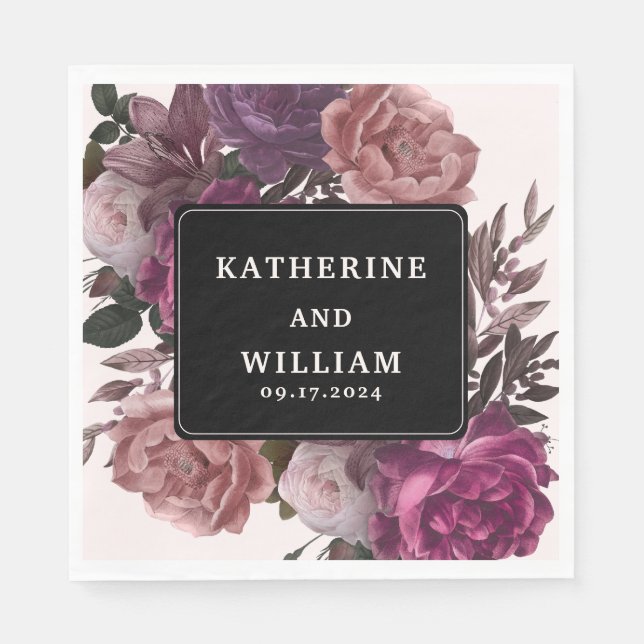 Dark moody burgundy maroon floral black wedding napkin (Front)