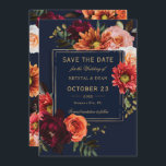 Dark Moody Burgundy Orange Floral Navy Wedding Save The Date<br><div class="desc">Personalise this elegant wedding save the date easily and quickly. Simply click the Edit Using Design Tools button to edit the text, change fonts and fonts colours. Featuring beautiful realistic burgundy peonies, blush and burnt orange roses and daisy flowers against a dark moody navy blue background. Matching items available in...</div>