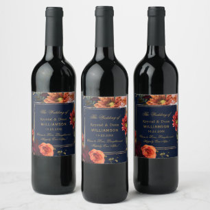 Dark Moody Burgundy Orange Navy Floral Wedding Wine Label