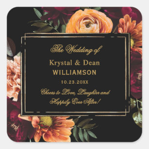 Dark Moody Burgundy Orange Rust Floral Wedding Square Sticker