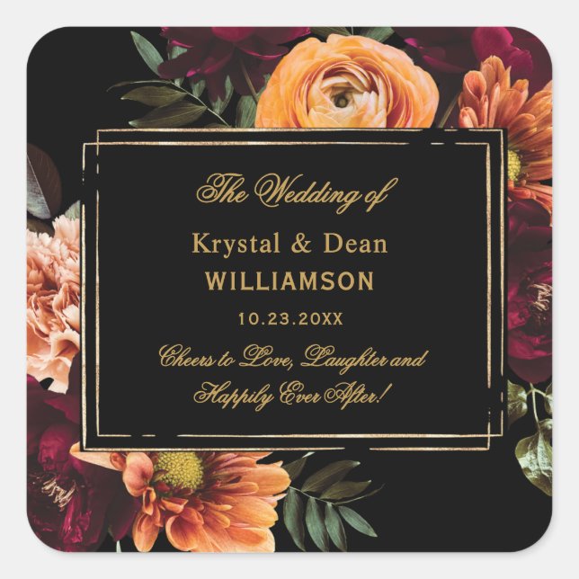 Dark Moody Burgundy Orange Rust Floral Wedding Square Sticker (Front)
