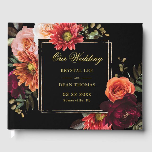 Dark Moody Burgundy Rust Orange Floral Wedding Guest Book (Front)