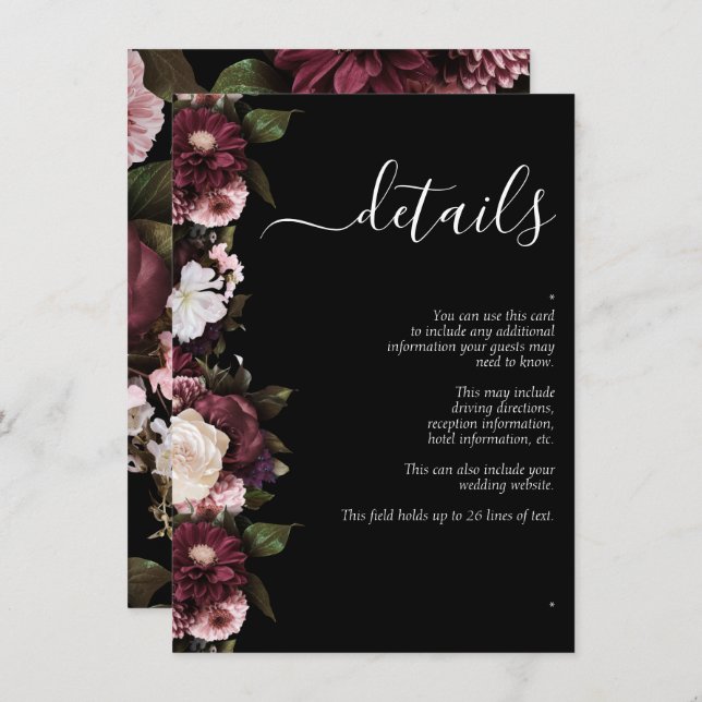 Dark Moody Burgundy Script Floral Wedding Details Enclosure Card (Front/Back)
