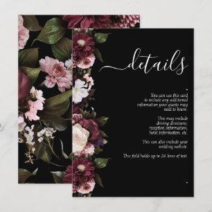 Dark Moody Burgundy Script Floral Wedding Details Enclosure Card