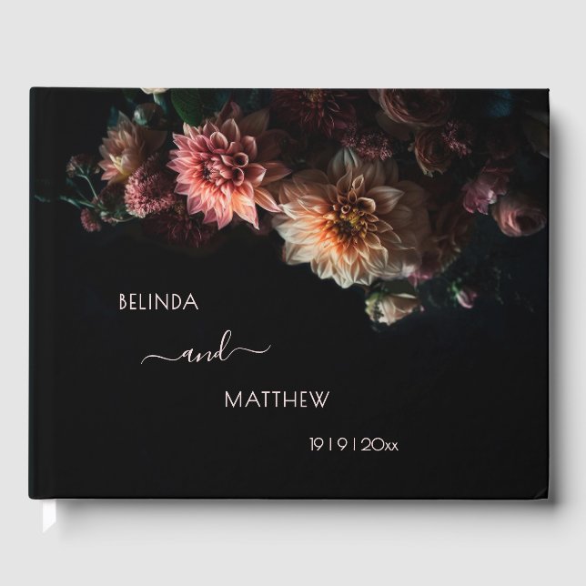 Dark Moody Chrysanthemum Flowers | Wedding Guest Book (Front)