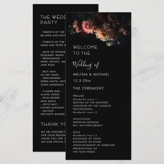 Dark Moody Dahlia Flower Wedding Programme (Front/Back)