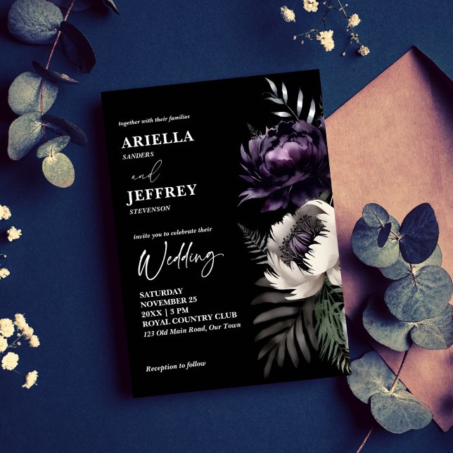 Dark moody elegant all in one wedding template (Dark moody elegant all in one wedding template invitation digital download purple peonies gothic)