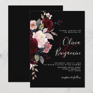 Dark Moody Elegant Floral Black Burgundy Wedding Invitation