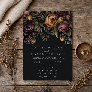 Dark Moody Elegant Floral Black Wedding Invitation
