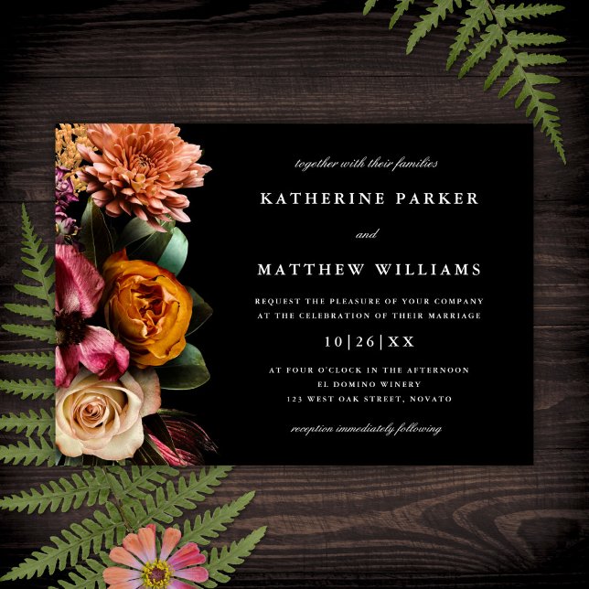 Dark + Moody Elegant Floral Black Wedding Invitation (Creator Uploaded)