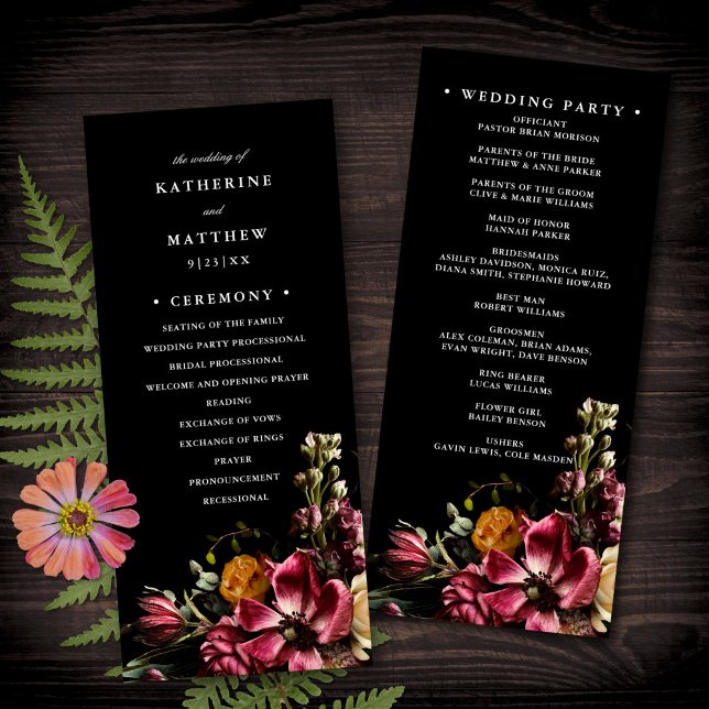 Dark + Moody Elegant Floral Black Wedding Program Programme (Creator Uploaded)