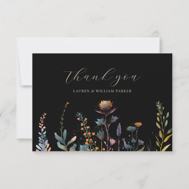 Dark Moody Elegant Floral Black Wedding Thank You Card (Front)