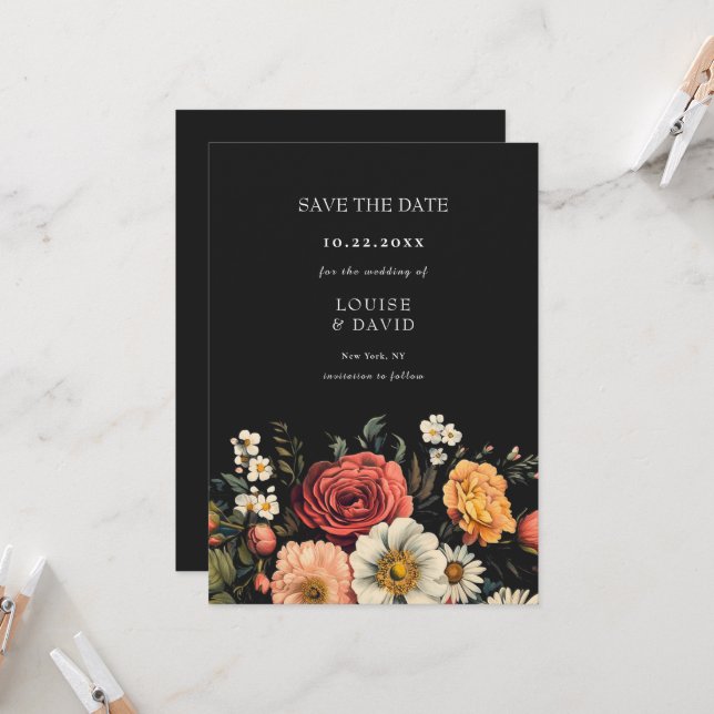 Dark Moody Elegant Floral Wedding Save the Date Invitation (Front/Back In Situ)