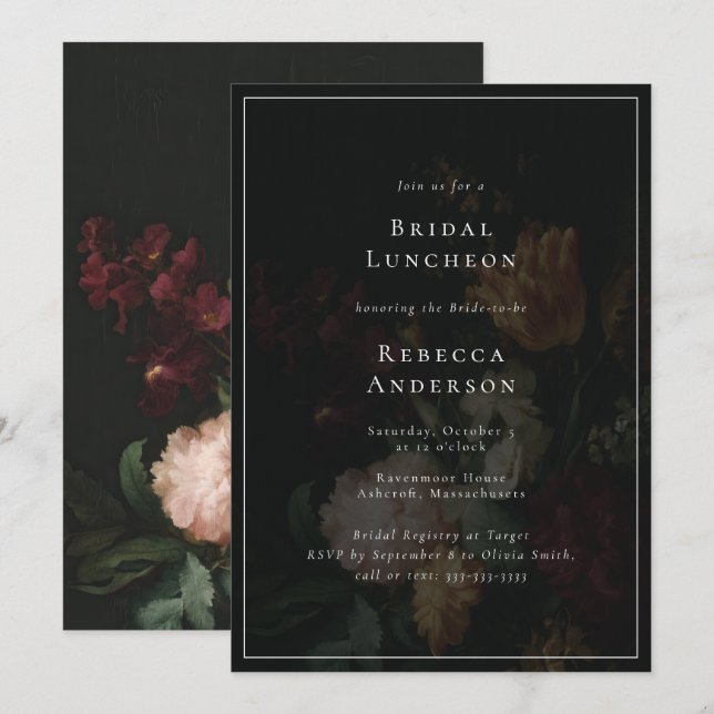 Dark Moody Elegant Flowers Bouquet Bridal Shower Invitation (Front/Back)