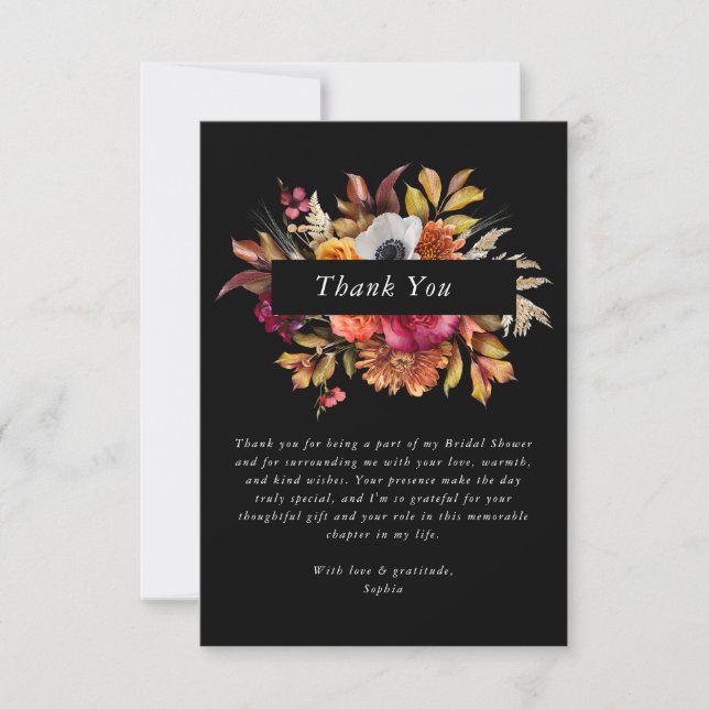 Dark Moody Fall Floral Bridal Shower Thank You  (Front)