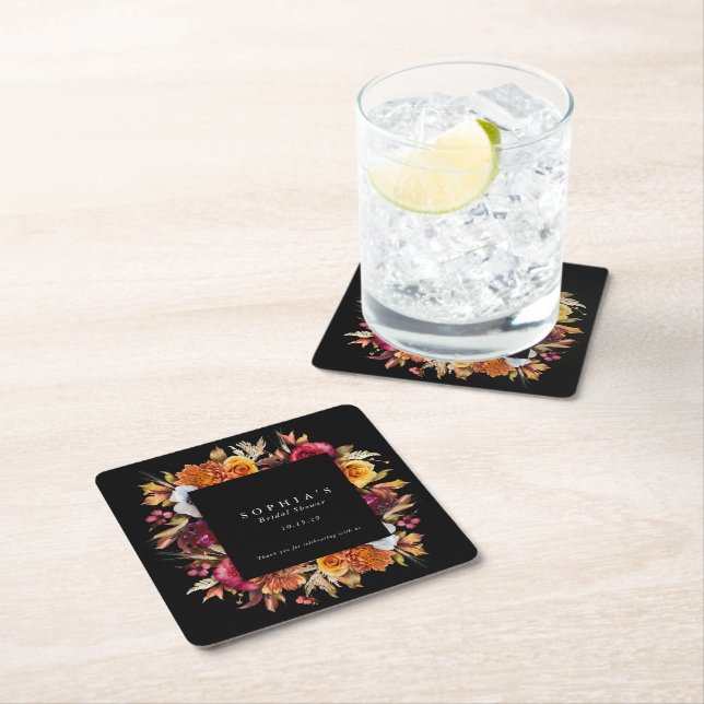 Dark Moody Fall Floral Romantic Bridal Shower  Square Paper Coaster (Insitu)