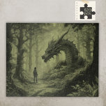 Dark Moody Fantasy Forest Dragon Board Gamer  Jigsaw Puzzle<br><div class="desc">This will be a hard puzzle! A beautiful monochromatic fantasy design for the gamer nerd in your life. This person is just taking a pleasant walk in the forest, and comes across a dragon in the trees. I meant this illustration to be a beautiful compliment for the person whose mind...</div>