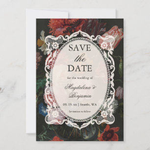 Dark Moody Floral Art Vintage Gothic Lace Wedding Save The Date