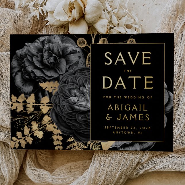 Dark Moody Floral Black Gold Wedding Save the Date (Creator Uploaded)