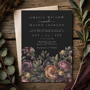 Dark Moody Floral Black Wedding Invitation