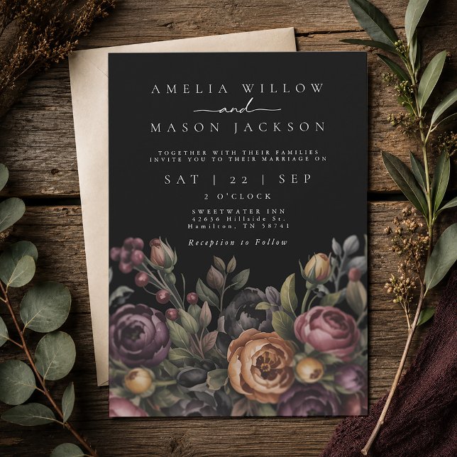 Dark Moody Floral Black Wedding Invitation (Dark Moody Floral Black Wedding Invitation)