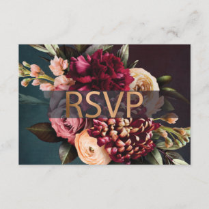Dark Moody Floral Bold Red Rose Gold RSVP  Enclosure Card