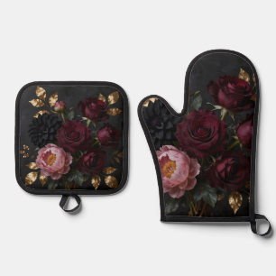 Dark Moody Floral Bouquet Oven Mitt & Pot Holder Set