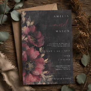 Dark Moody Floral Burgundy and Black Wedding Invitation