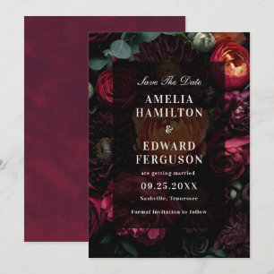 Dark Moody Floral Burgundy Wedding Save The Date Invitation