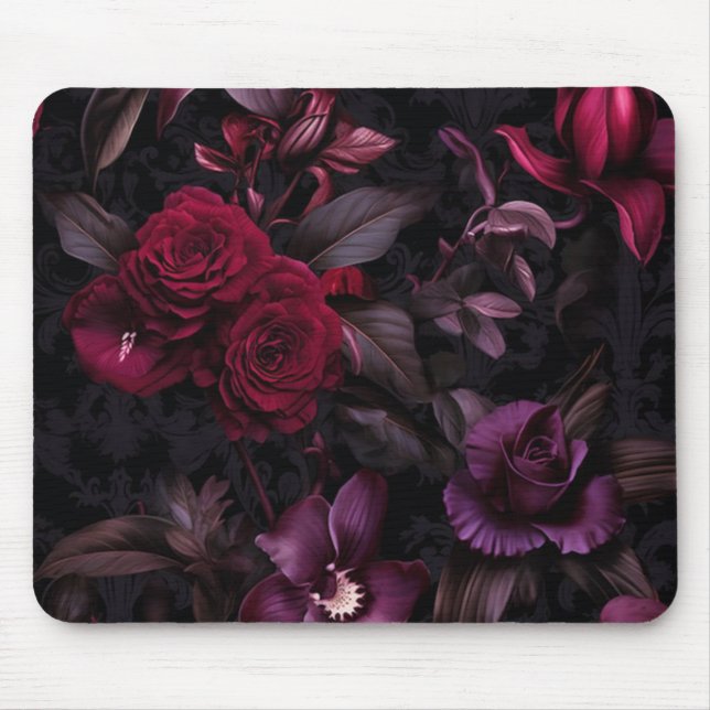 Dark Moody Floral Elegant Black & Burgundy Mouse Mat (Front)