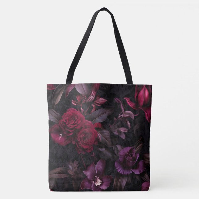 Dark Moody Floral Elegant Black & Burgundy Tote Bag (Front)