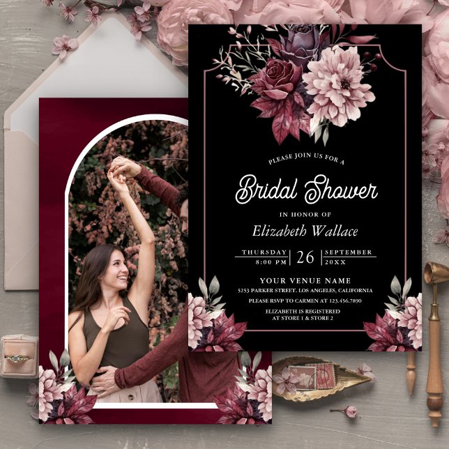 Dark Moody Floral Frame Photo Black Bridal Shower Invitation (Creator Uploaded)
