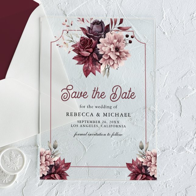 Dark Moody Floral Frame Wedding Save the Date Acrylic Invitations (Creator Uploaded)