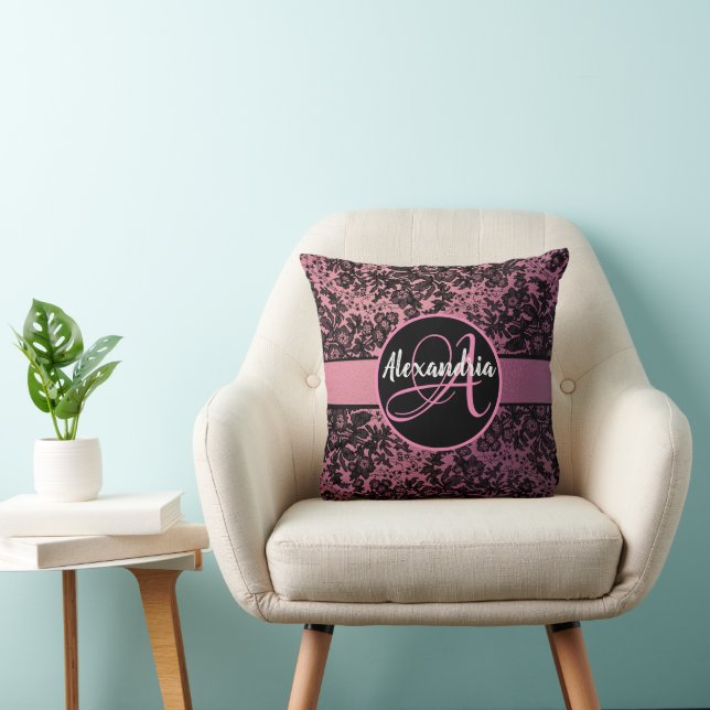 Dark Moody Floral on Pink Monogram  Cushion (Chair)