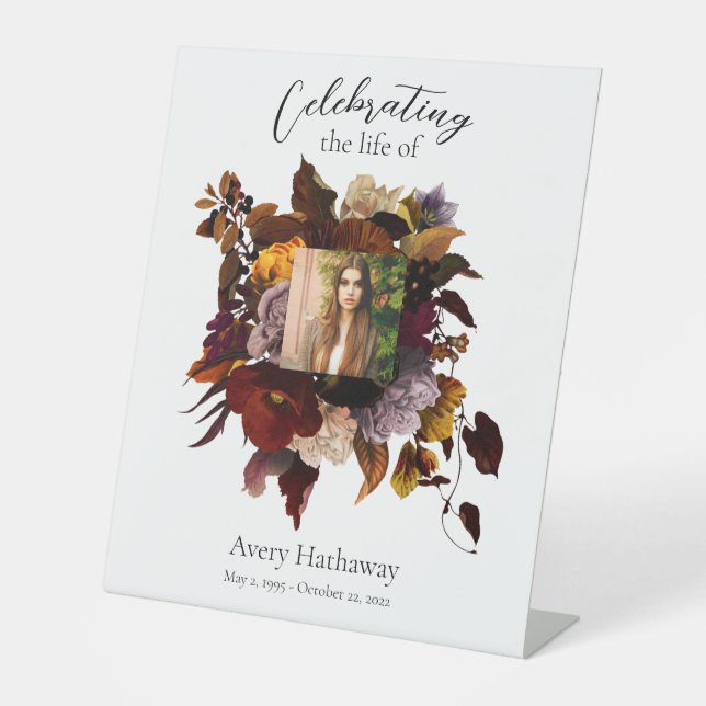 Dark & Moody Floral Photo Funeral Pedestal Sign (Front)