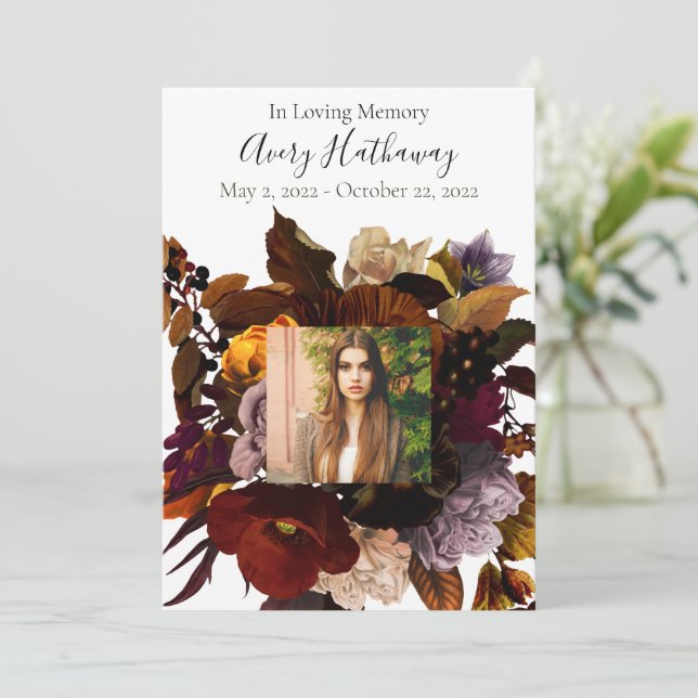Dark & Moody Floral Photo Memorial Program Invitation (Standing Front)