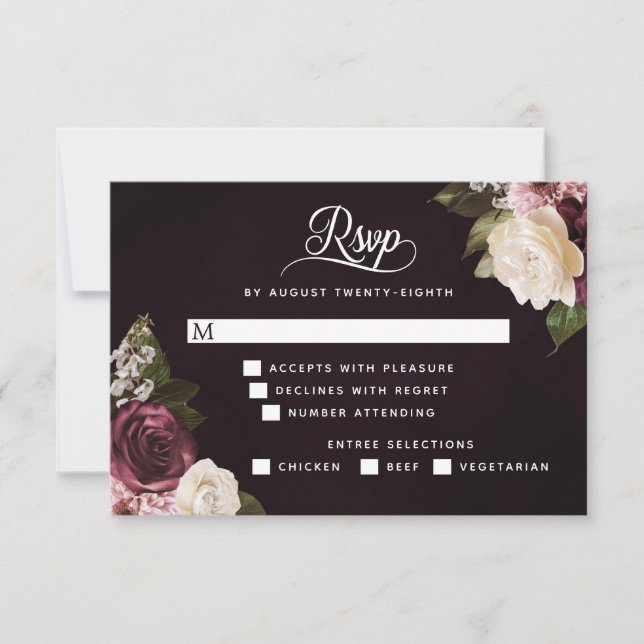 Dark Moody Floral Romantic Wedding Meal Options RSVP Card (Front)