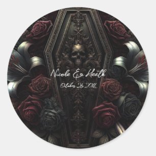 Dark Moody Floral Skull Coffin Gothic Wedding  Classic Round Sticker