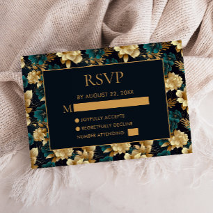 Dark Moody Floral Teal Gold Black Wedding RSVP Card
