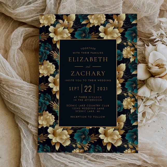 Dark Moody Floral Teal Gold Ivory Black Wedding Invitation (Creator Uploaded)