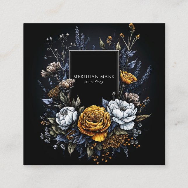 Dark Moody Floral Vintage Botanical Square Business Card (Front)